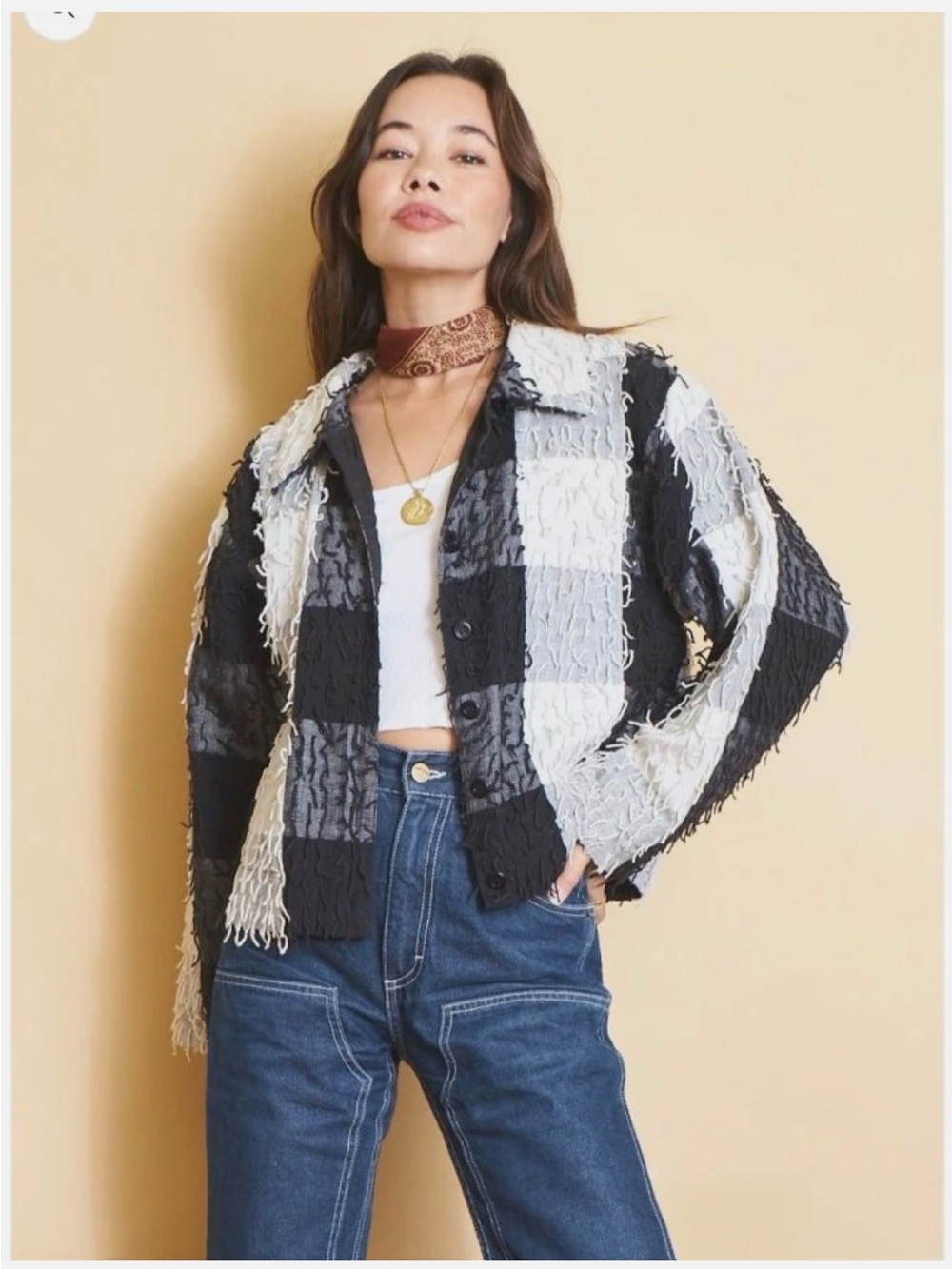 new directions Black & White Check Plaid Textured Cardigan